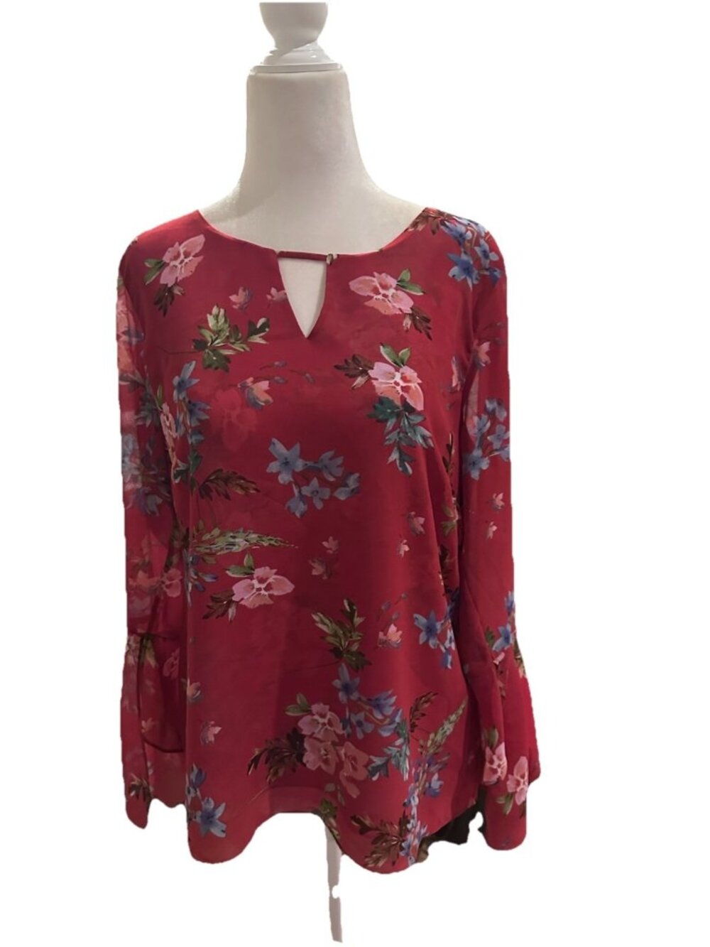 Cabi Devoted Top Blouse Womens Small Red Floral Chiffon Bell Sleeve Romantic